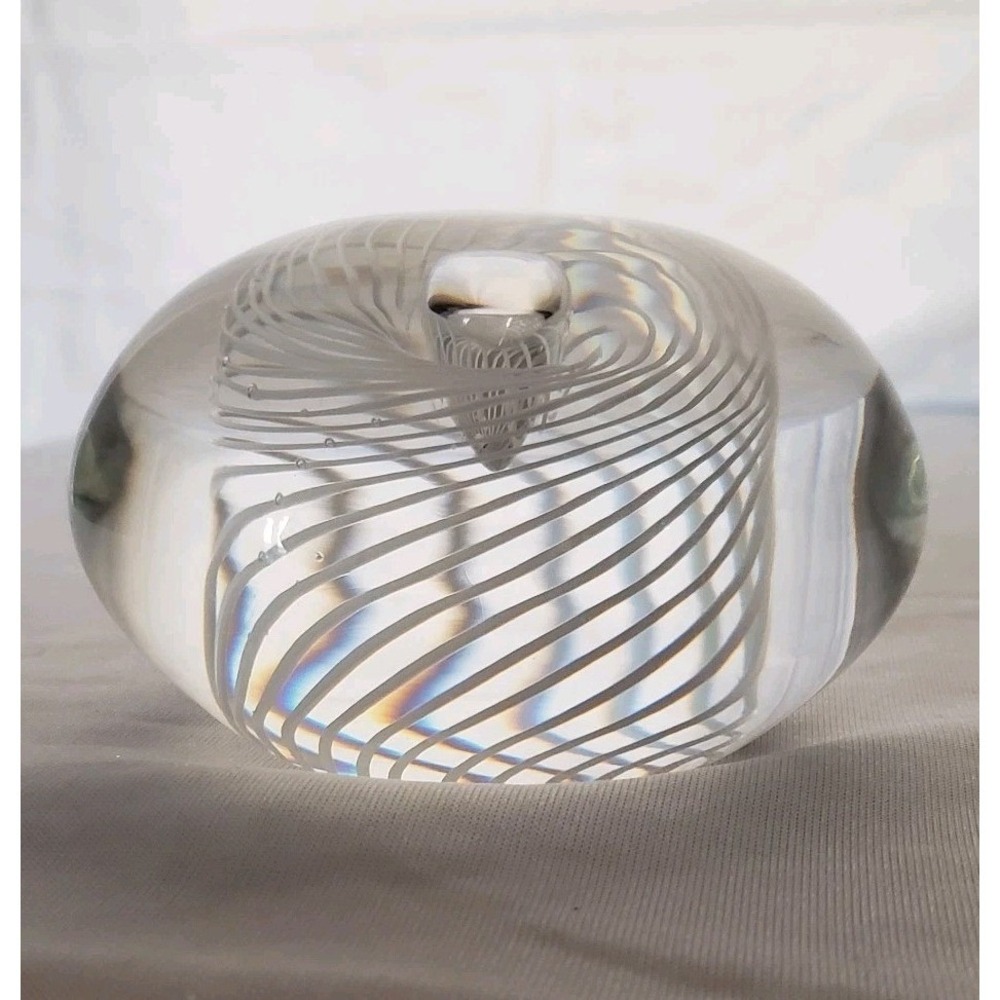 Signed Steuben Latticino Spiral Cane Teardrop Bubble Paperweight 2 1/4" x 4"